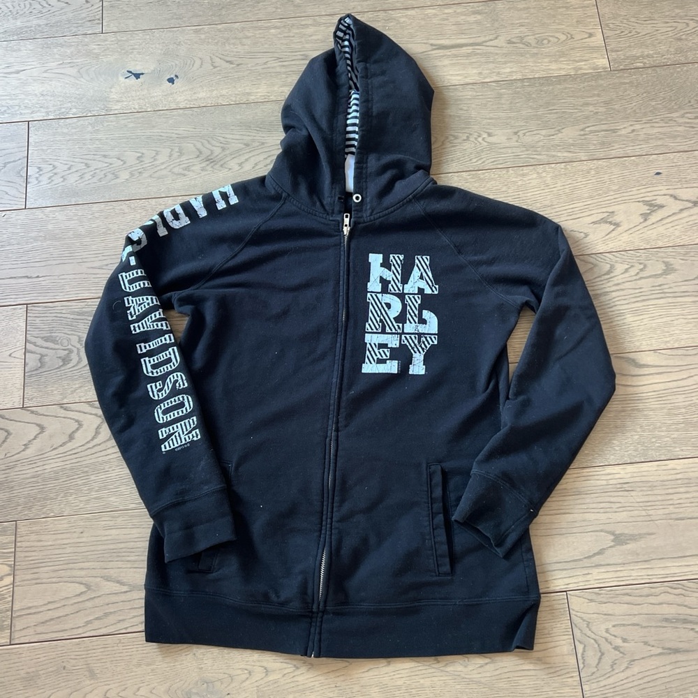 Harley Davidson Motorcycle Biker Black Zip Up Hoodie Stripe Grunge Size Medium